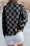 Black Checkered Patchwork Button Up Denim Jacket