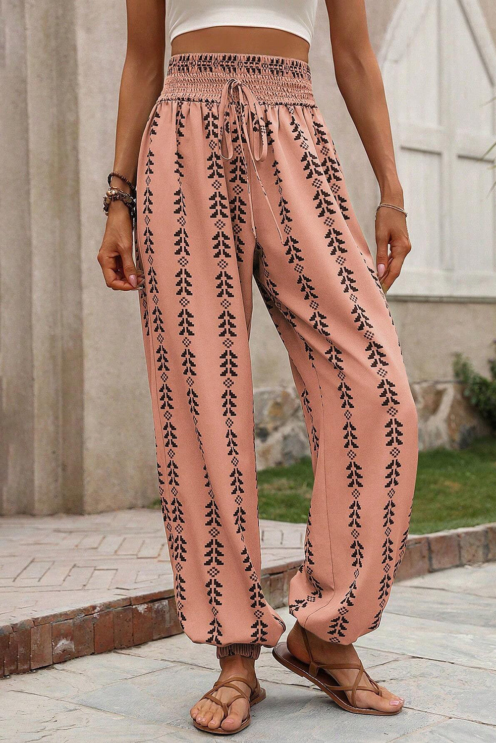 Orange Stripe Geometric Print Smocked Drawstring Pants