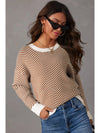 Coffee Stripe Contrast Edge Crew Neck Drop Shoulder Sweater