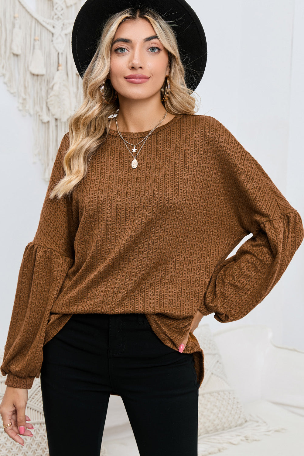 Brown Solid Color Textured Pullover Casual Long Sleeve Top