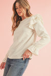 Beige Corduroy Round Neck Ruffled Flounce Sleeve Blouse