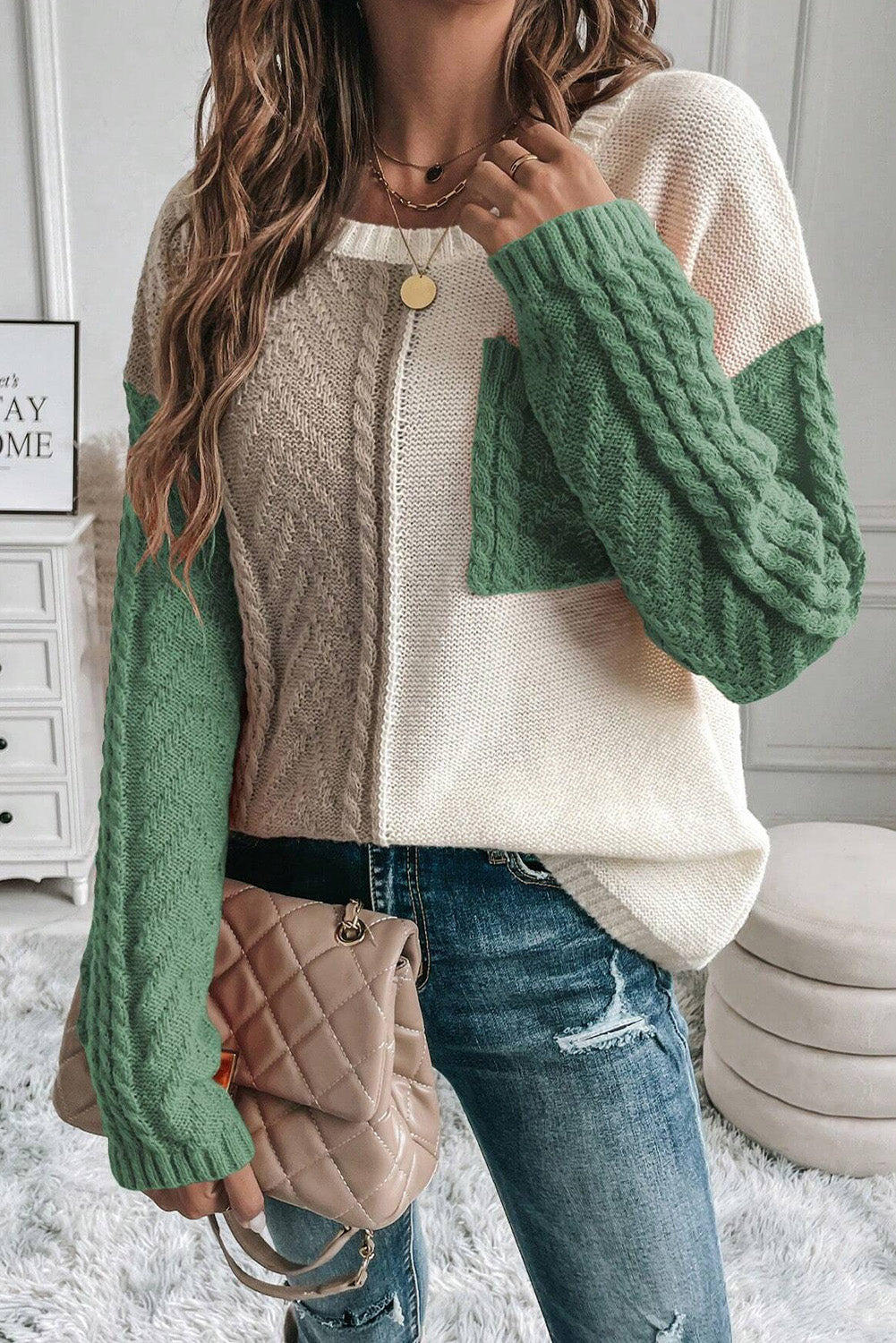 Rose Tan Colorblock Pocket Drop Shoulder Sweater