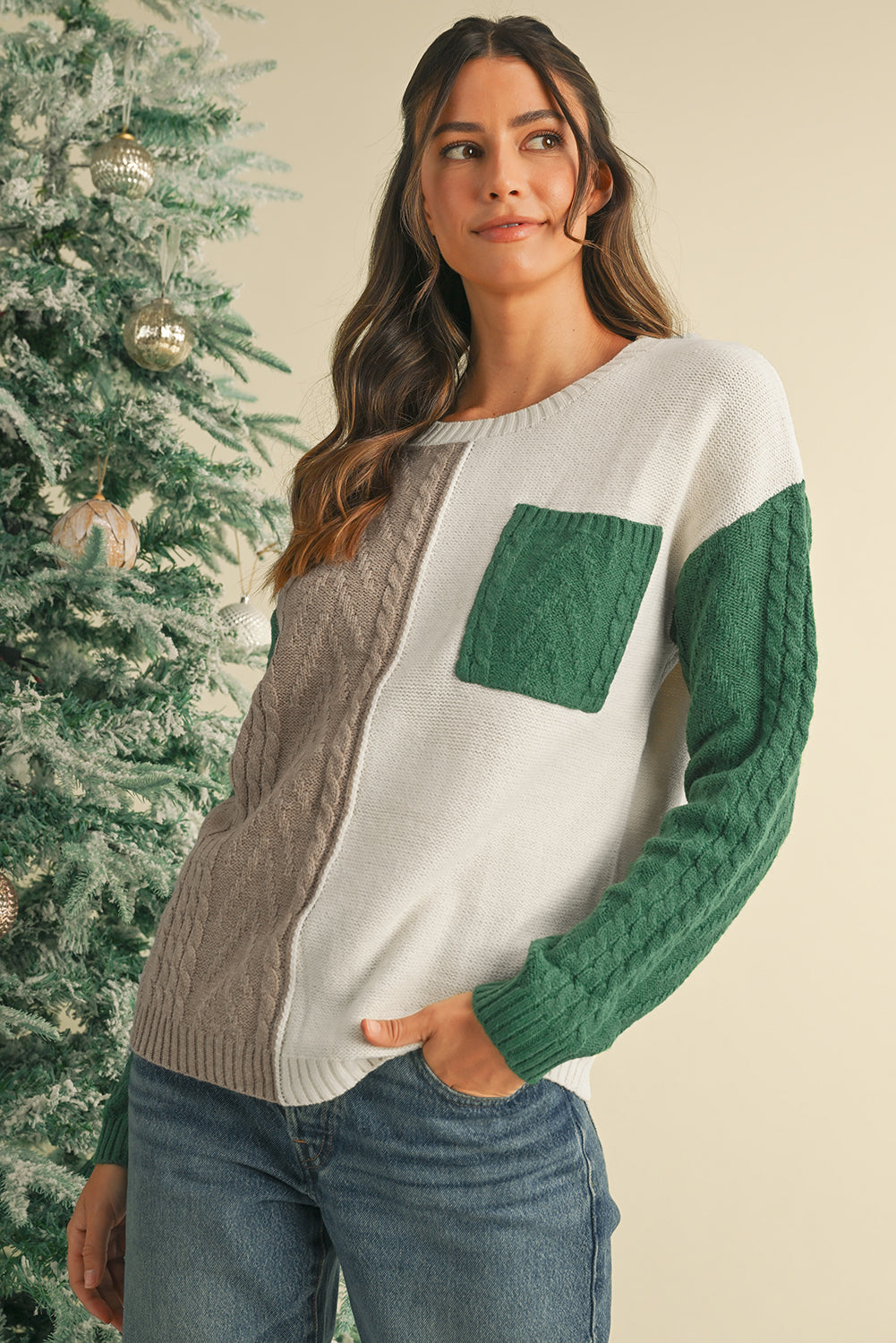 Rose Tan Colorblock Pocket Drop Shoulder Sweater