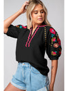 Black Floral Embroidered Ricrac Puff Sleeve Textured Blouse