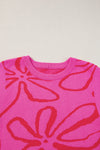 Bright Pink Side Buttons Sleeveless Floral Knitted Top