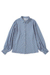 Sky Blue Abstract Print Collared Lantern Sleeve Shirt