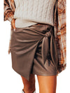 Coffee Bowknot Faux Leather Plain Mini Skirt