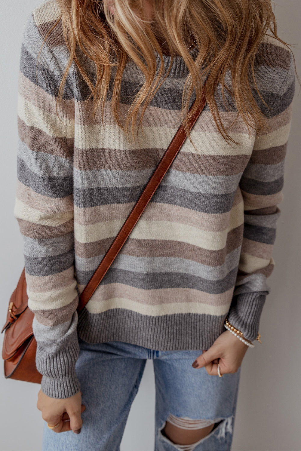 Gray Striped Ribbed Edge Round Neck Sweater