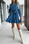 Tied Half Button Long Sleeve Denim Dress - Cocoa Yacht Club