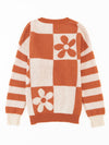 Brown 60s Floral Checkered and Striped Knitted Pullover Sweater - Cocoa Yacht Club