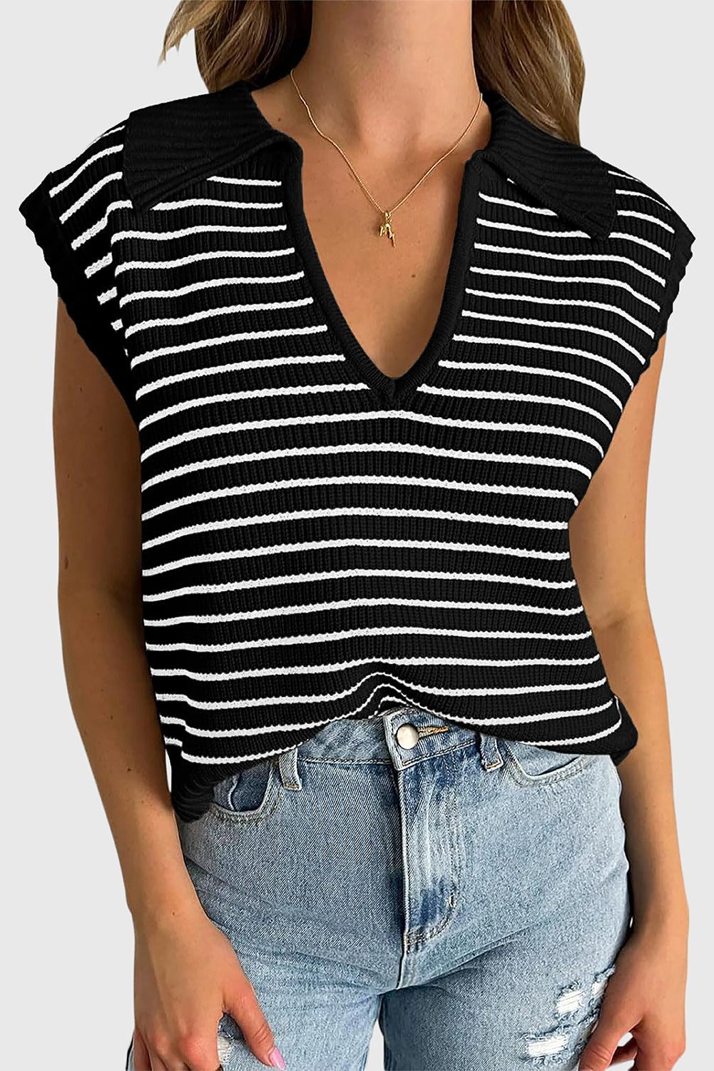 Beige Stripe Turn-down Collar Sleeveless Knitted Top