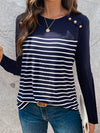 Decorative Button Striped Round Neck Long Sleeve T-Shirt - Cocoa Yacht Club