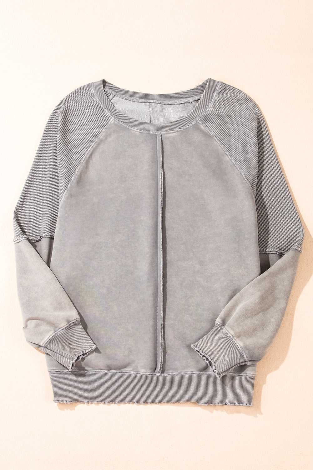 Orchid Petal Waffle Patchwork Raglan Sleeve Exposed Seam Sweatshirt