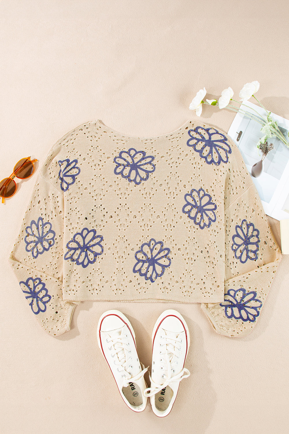 White Flower Print Drop Shoulder Hollow Knit Sweater