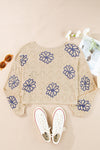 Beige Flower Print Drop Shoulder Hollow Knit Sweater