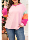 Pink Colorblock Long Sleeve Plus Size Top