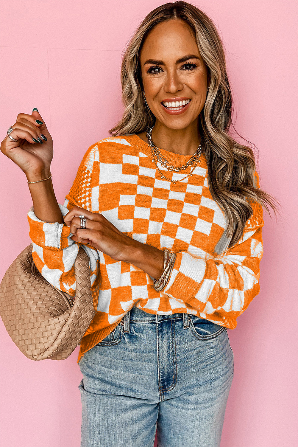 Carrot Checkered Drop Shoulder Round Neck Sweater