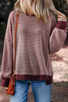 Red Stripe Ribbed Trim Drop Shoulder Long Sleeve Oversized Top