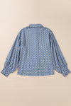 Sky Blue Abstract Print Collared Lantern Sleeve Shirt