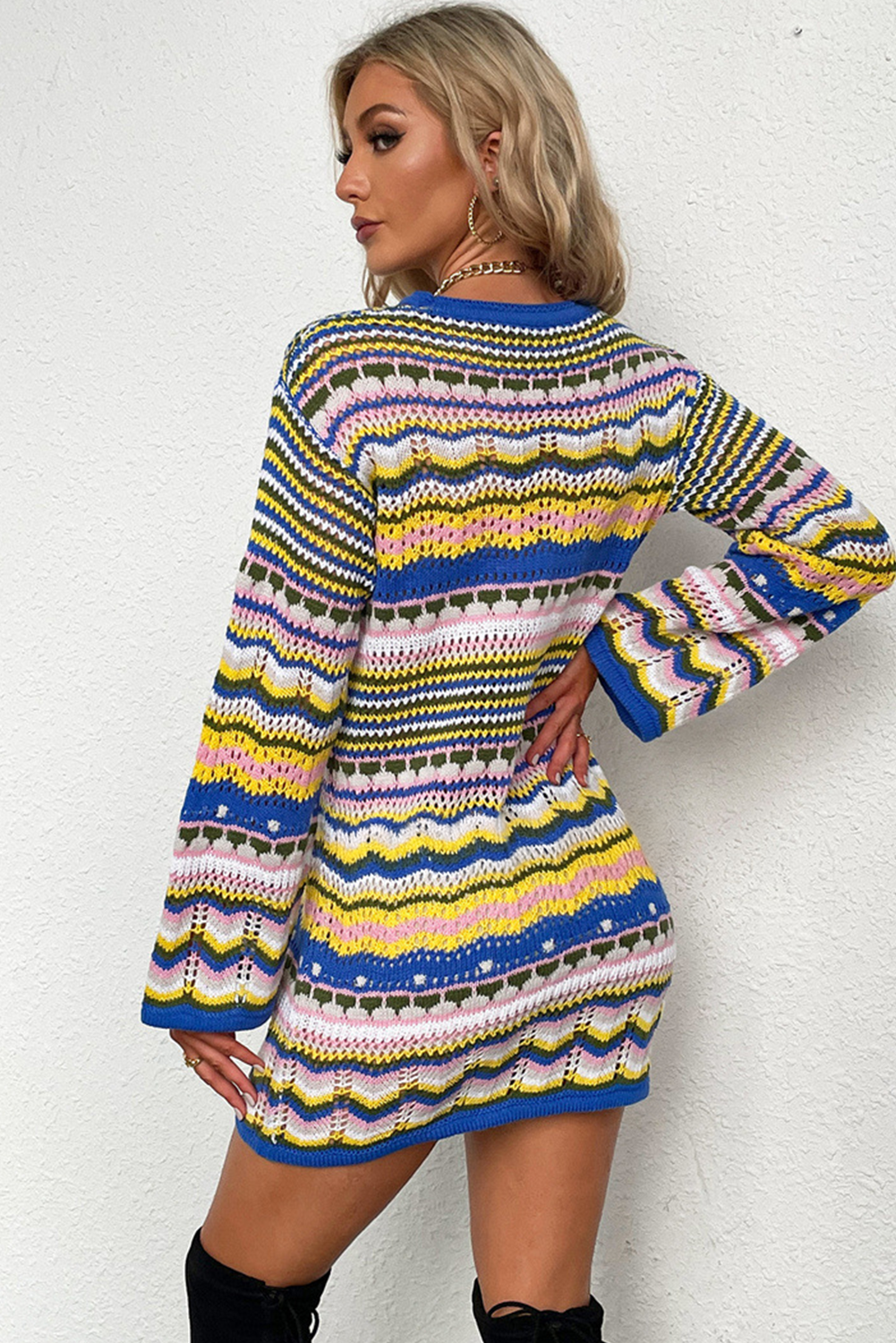 Orange Stripe Long Sleeve Colorblock Midi Sweater Dress