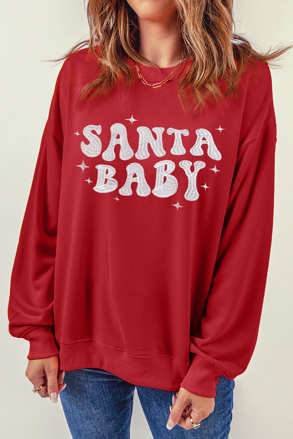 Red SANTA BABY Embroidered Crewneck Christmas Sweatshirt