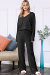 Black Slouchy Ribbed Knit V Neck Top & Pants Loungewear Set