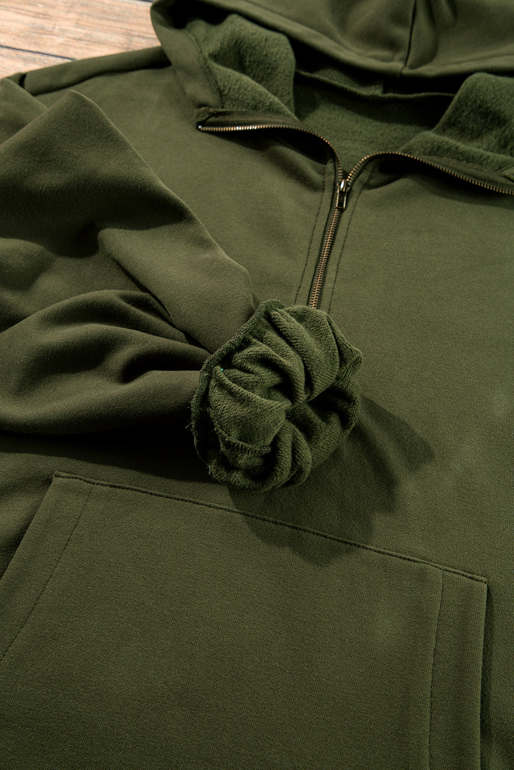 Smoke Green Half Zipper Kangaroo Pockets Drop Shoulder Hoodie