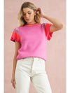 Bright Pink Contrast Sleeve Striped Round Neck Knitted Tee