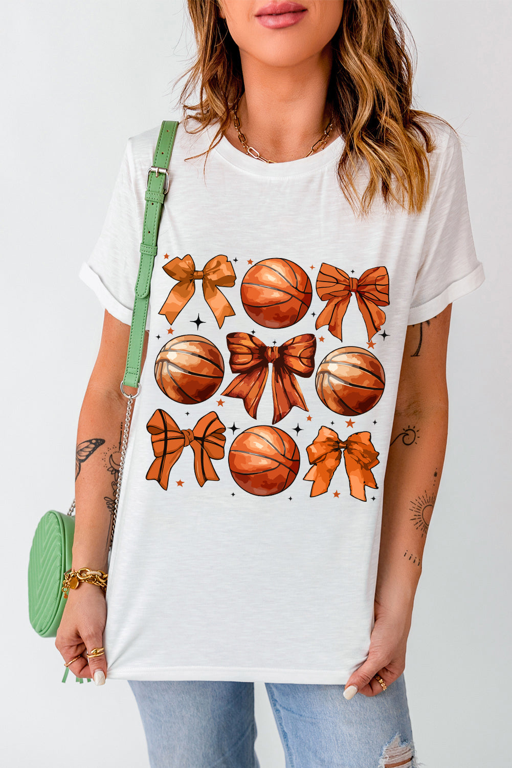 White Ball Bowknot Graphic Round Neck Tee