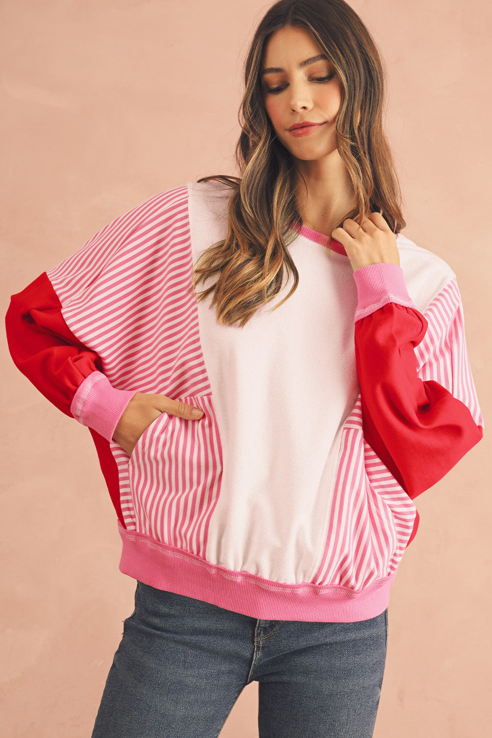 Rose Red Striped Patchwork Side Pocket Loose Sweatshirt