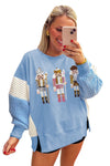 Beau Blue Sequin Nutcracker Textured Sleeve Patchwork Sweatshirt