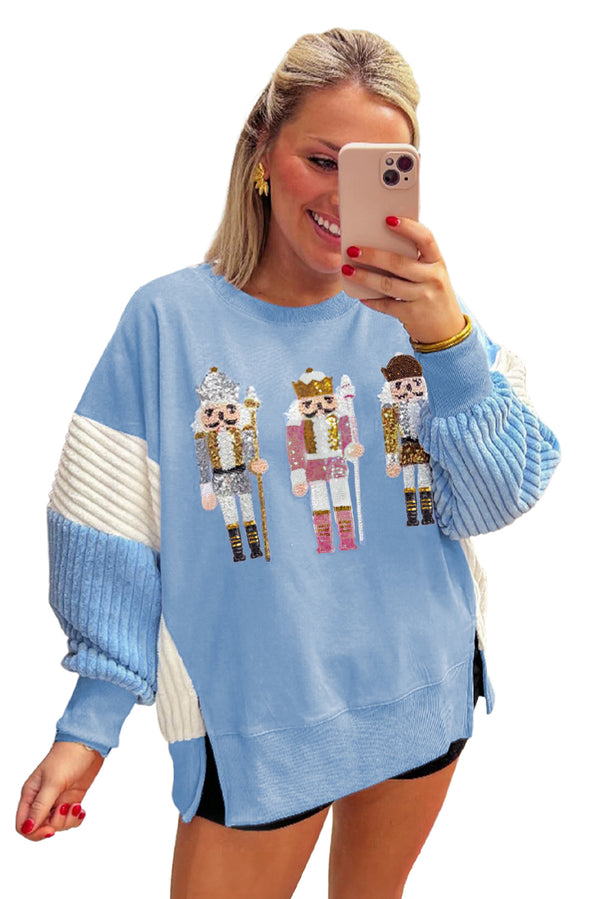Beau Blue Sequin Nutcracker Textured Sleeve Patchwork Sweatshirt