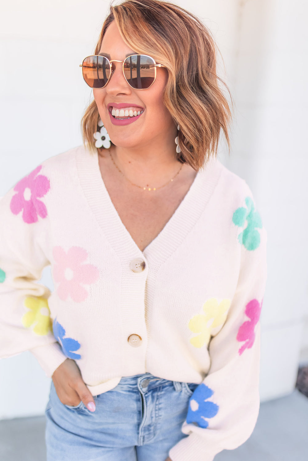 Beige Cute Flower V Neck Buttoned Plus Size Cardigan