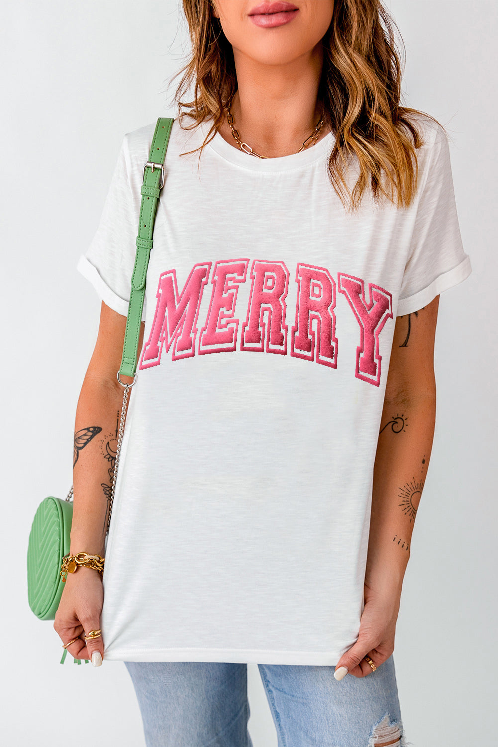 White MERRY Christmas Letter Print Graphic Tee