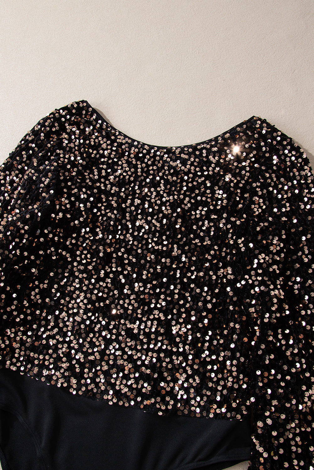 Bodysuit Black Sequin Deep V Back Puff Sleeve Bodysuit.