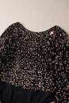 Black Sequin Deep V Back Puff Sleeve Bodysuit