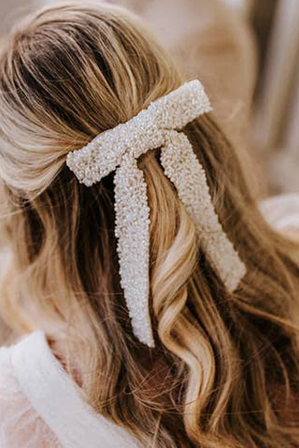 White Cute Bow Beaded Hair Clip