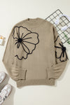 Dark Khaki Plus Size Flower Pattern High Neck Drop Shoulder Sweater