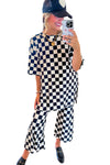 Black Checkered Print Half Sleeve Tunic Top and Flared Pants Set