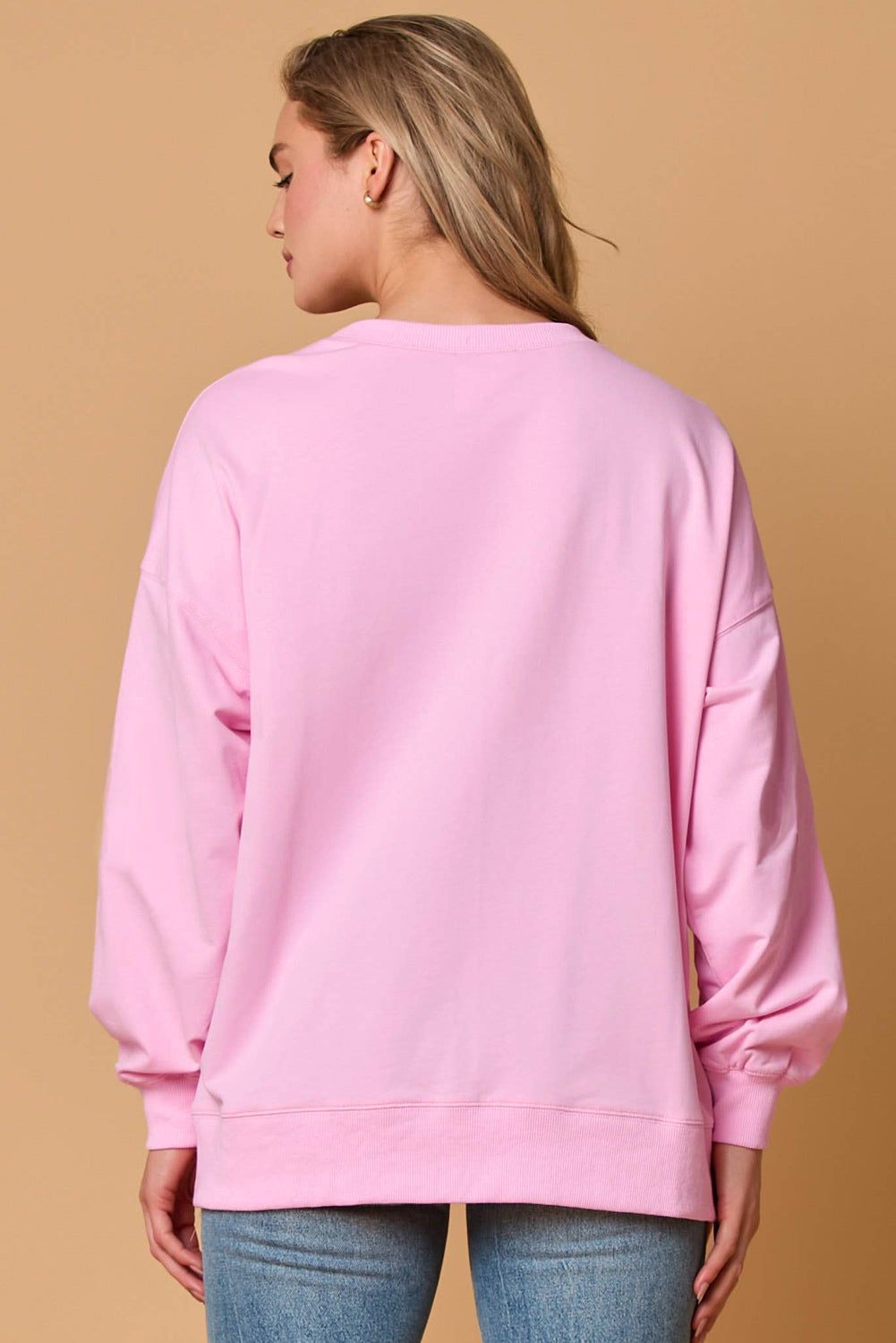 Pink Sequined Bow Graphic Round Neck Drop Sleeve Sweatshirt