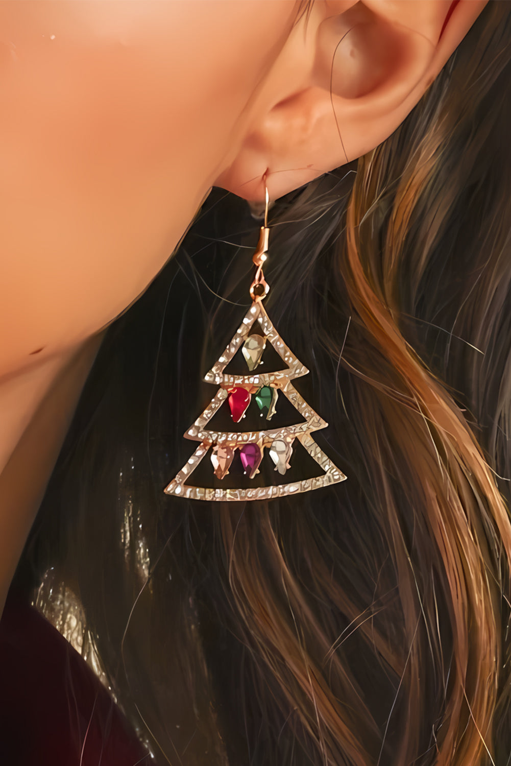 Gold Gem Decor Rhinestone Christmas Tree Holiday Hook Earrings