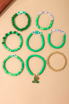 Green St Patricks Shamrock Letter Beaded Multi Layer Bracelet Set