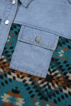 Blue Vintage Geometric Print Raw Hem Denim Jacket