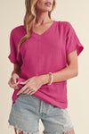 Bright Pink Basic Plain Textured V Neck T Shirt