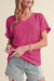 Bright Pink Basic Plain Textured V Neck T Shirt