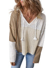 Brown Colorblock Hollow-out Tie V Neck Lightweight Sweater