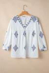 White Boho Geometric Print V Neck Plus Size Blouse