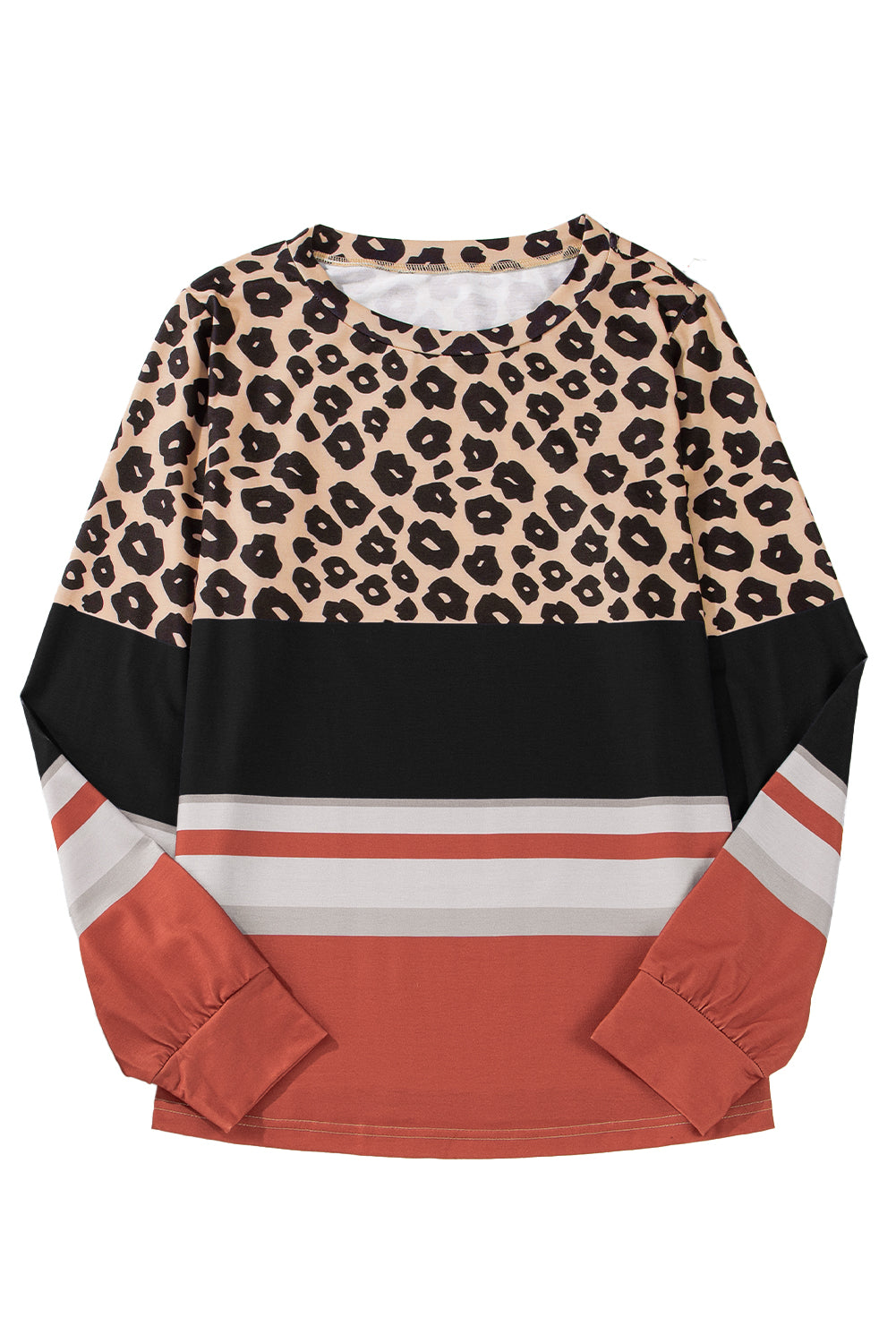 Brown Leopard Striped Color Block Long Sleeve Top