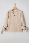 Straw Yellow Striped Frill V Neck Knot Bracelet Sleeve Blouse