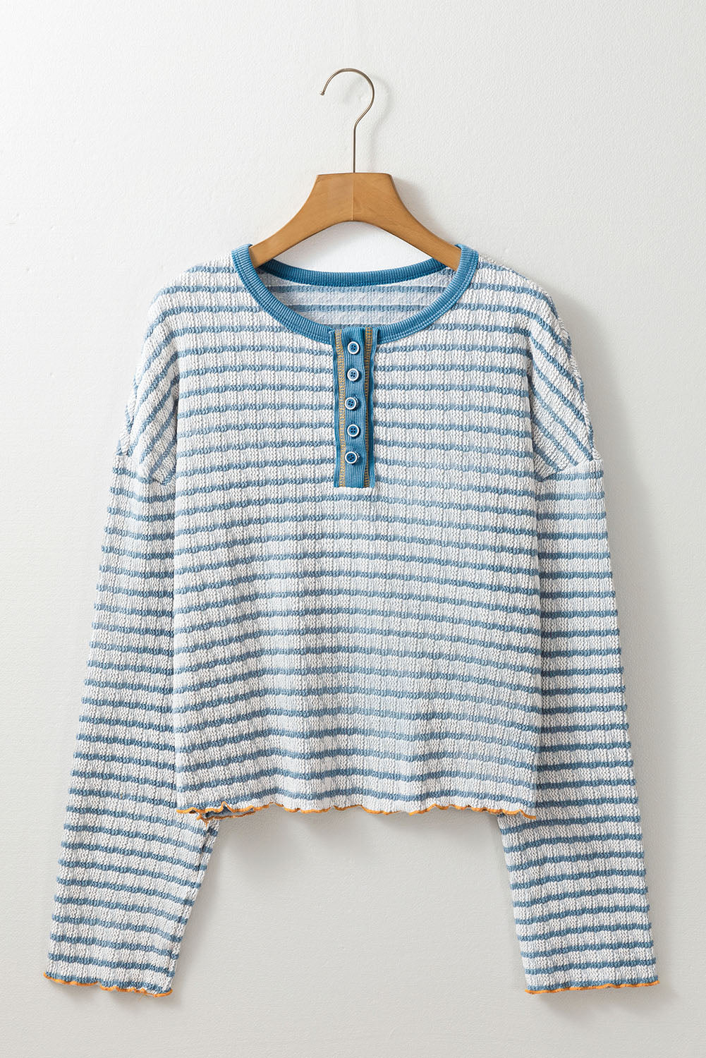 Sky Blue Stripe Textured Long Sleeve Henley Top